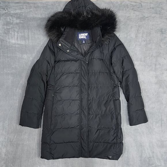 Lands' End Down Winter Coat Faux-Fur Hood Size Small Oxford Black - Picture 1 of 7